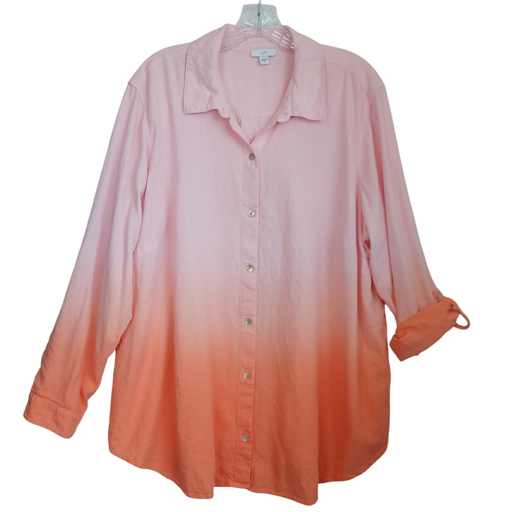 J. Jill Womens 2X Pink Orange Ombre Linen Blend‎ Roll Tab Button Down Shirt